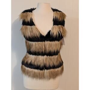 Dolce Cabo Faux Fur Vest Black Tan Striped NWT Luxe Statement Winter Layering S